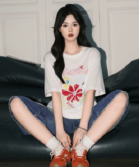 한 부서 화이트 꽃 프린트 라운드 넥 티셔츠 여성 루즈핏 다용도 연령 감소 캐주얼 반팔 맨위