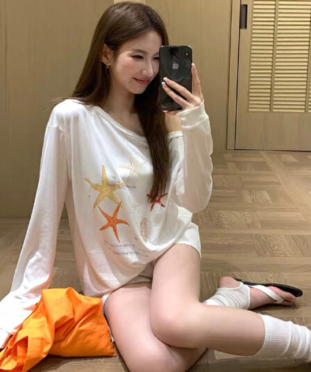불가사리 프린트 자외선 차단 블라우스 여성 여름 느긋한 바람 얇은 스타일 비스듬한 어깨 의류 루즈핏 긴팔 티셔츠