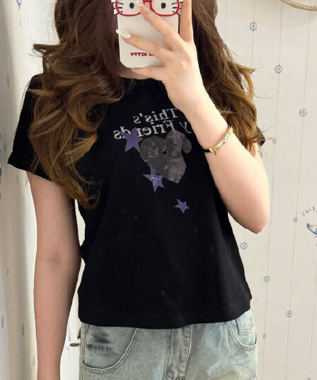 한 부서 검정색 개 별 알파벳 반팔 티셔츠 여성 여름 슬림해 보이는 디자인 센스 다용도 캐주얼 느긋한 맨위