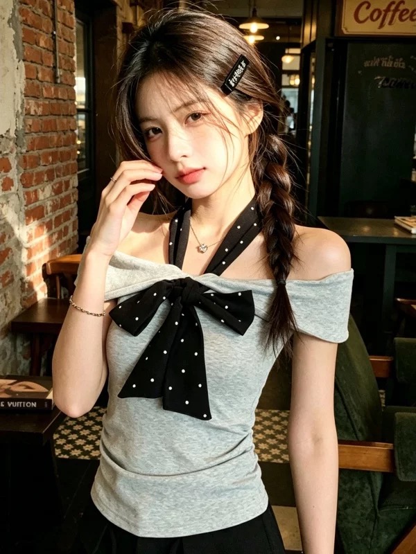 한 부서 순수한 욕망 회색 도트 무늬 리본 오프숄더 반팔 티셔츠 여성 여름 핫걸 오프숄더 몸매 가꾸기 쇼트 스타일 맨위