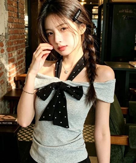 한 부서 순수한 욕망 회색 도트 무늬 리본 오프숄더 반팔 티셔츠 여성 여름 핫걸 오프숄더 몸매 가꾸기 쇼트 스타일 맨위