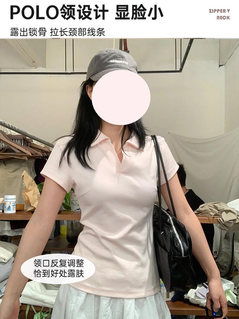 핑크색 긍정적 인 어깨 POLO 셔츠 jk 반팔 여성 티셔츠 여름 운동 폴로 칼라 꼬집기 허리 위로 의류 몸매 가꾸기 한 부서 학원 스타일