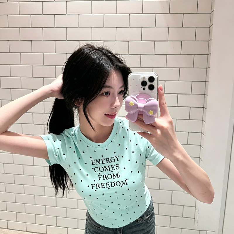아메리칸 긍정적 인 어깨 도트 무늬 박하 녹색 도파민 여름 반팔 티셔츠 여성 몸매 가꾸기 슬림해 보이는 디자인 센스 프린트 맨위