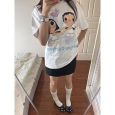 批发纯棉白色短袖t恤女夏季新款天使印花圆领宽松设计感可爱上衣