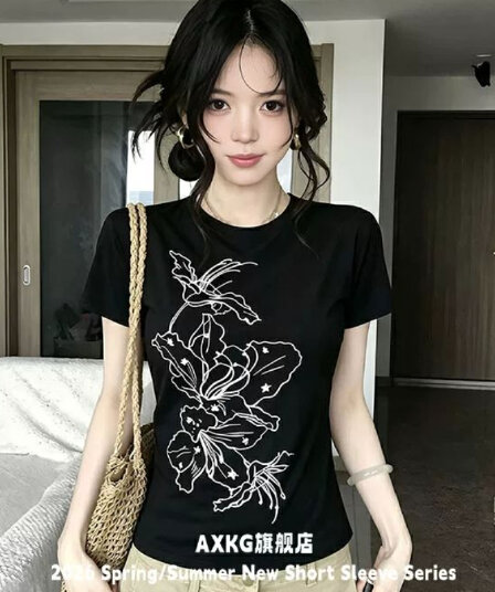 검정색 핫걸 바람 프린트 반팔 티셔츠 여성 여름 새로운 작은 대중 몸매 가꾸기 슬림해 보이는 라운드 넥 캐주얼 다용도 맨위