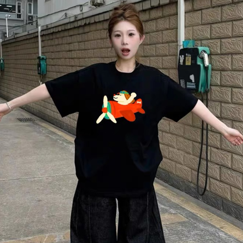 아메리칸 순면 검정색 강아지 반팔 티셔츠 여성 여름 2026 새로운 학생 루즈핏 디자인 센스 작은 대중 맨위 서비스