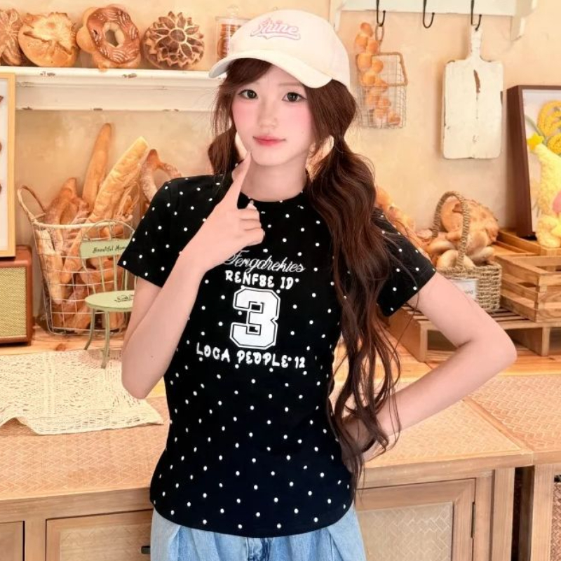 아메리칸 레트로 도트 무늬 숫자 프린트 몸매 가꾸기 반팔 티셔츠 닫기 피팅 여자 핫걸 바람 맨위