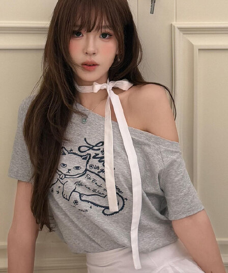 아메리칸 레트로 새끼 고양이 프린트 비스듬한 어깨 반팔 티셔츠 여성 여름 루즈핏 캐주얼 다용도 보트넥 순면 맨위