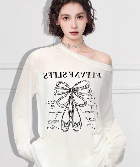 화이트 비스듬한 어깨 오프숄더 긴팔 자외선 차단 블라우스 맨위 여성 여름 얇은 스타일 루즈핏 느긋한 얼음 실크 오프숄더 티셔츠