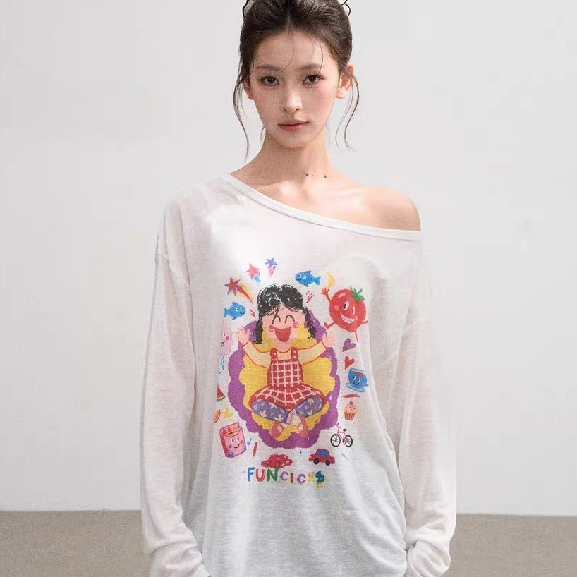 화이트 비스듬한 어깨 오프숄더 긴팔 자외선 차단 블라우스 티셔츠 여성 여름 여름 루즈핏 외부 가져 가라. 경량 맨위
