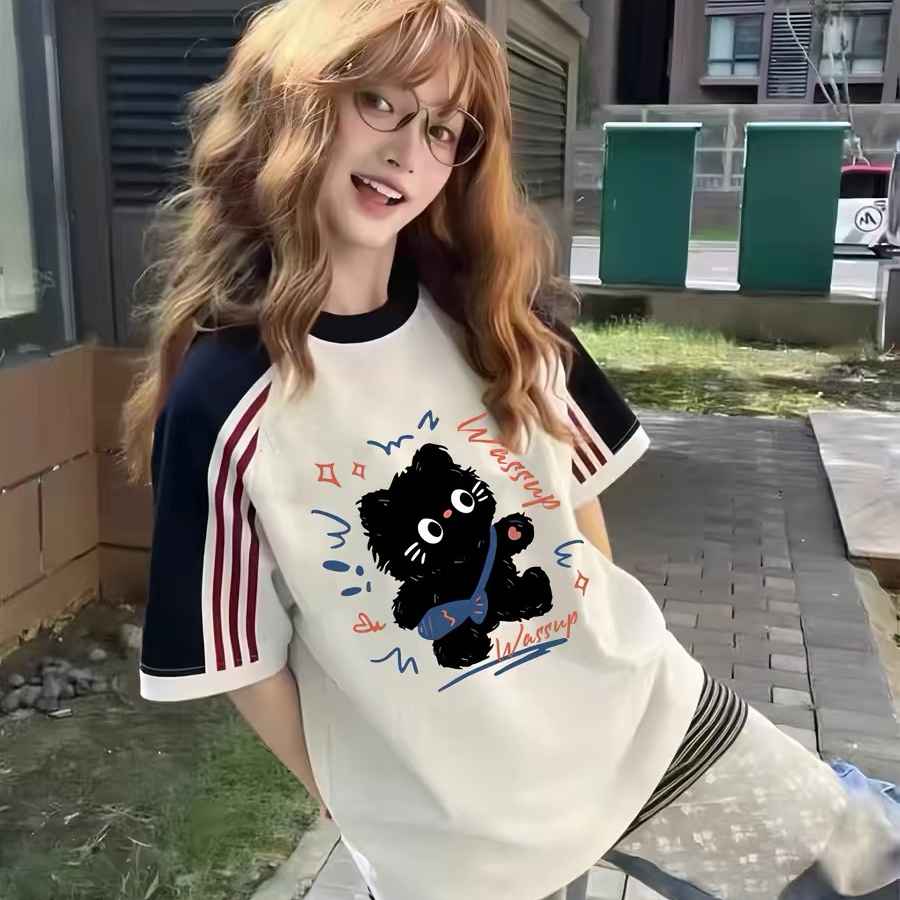아메리칸 레트로 순면 3개 바 배색 반팔 티셔츠 여성 2026 년 루즈핏 맨위