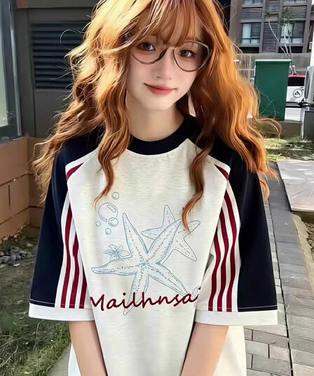 아메리칸 높음 거리 조수 브랜드 삽입 어깨 반팔 티셔츠 여성 여름 작은 대중 디자인 센스 루즈핏 한 부서 학원 스타일 반소매 맨위