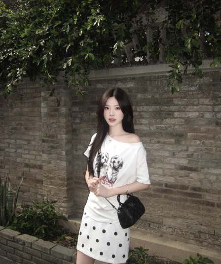 아메리칸 레트로 비스듬한 어깨 강아지 프린트 반팔 티셔츠 여성 자이언트 잘 생긴 ~ 중 느긋한 캐주얼 핫걸 다용도 맨위 트렌디