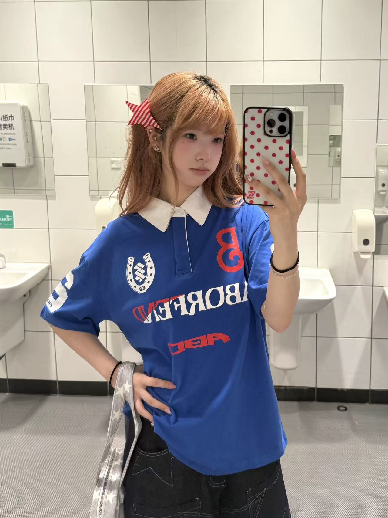 아메리칸 레트로 운동 바람 배색 알파벳 POLO 칼라 반팔 티셔츠 남녀 여름 루즈핏 맨위