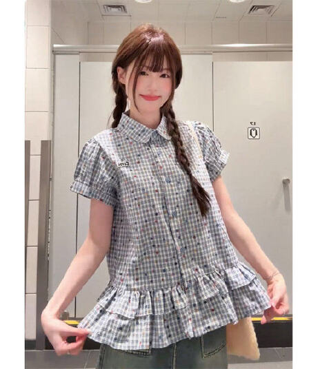 새로운 여름 일본과 한국 부서 프릴 반팔 여성 셔츠 자이언트 잘 생긴 루즈핏 슬림해 보이는 아름다운 맨위