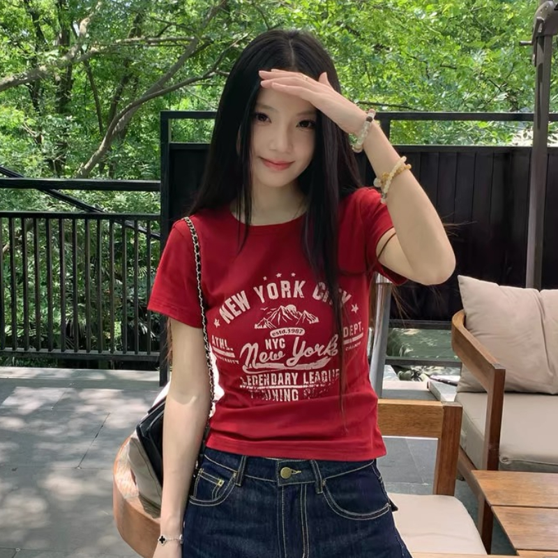 아메리칸 핫걸 바람 빨간색 라운드 넥 반팔 티셔츠 여성 여름 알파벳 프린트 몸매 가꾸기 슬림해 보이는 한 부서 chic 작은 맨위