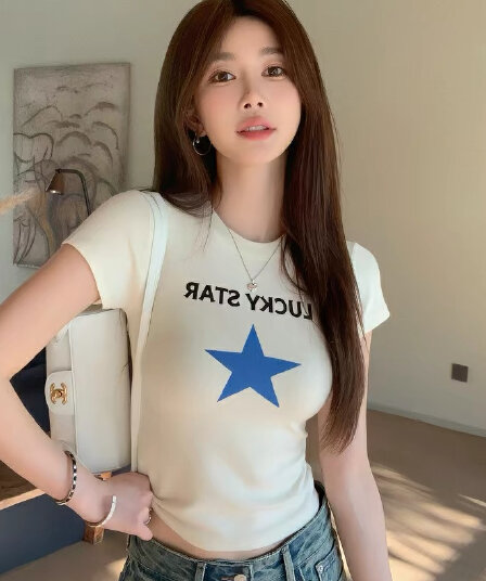 아메리칸 오각형 별 알파벳 몸매 가꾸기 긍정적 인 어깨 프린트 t 라운드 넥 반팔 캐주얼 다용도 맨위 여성