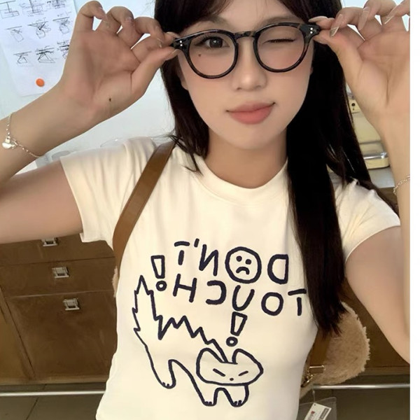한 부서 낙서 새끼 고양이 반팔 티셔츠 여성 여름 몸매 가꾸기 긍정적 인 어깨 다용도 ins 쇼트 스타일 맨위