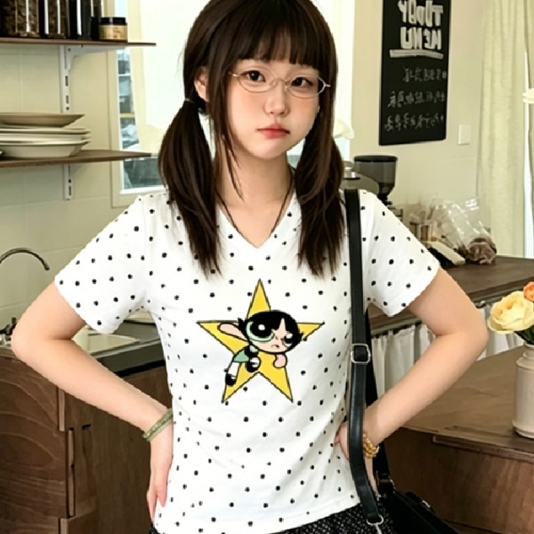 아메리칸 도트 무늬 알파벳 V넥 긍정적 인 어깨 반팔 티셔츠 여성 여름 2026 새로운 몸매 가꾸기 슬림해 보이는 핫걸 쇼트 스타일 맨위