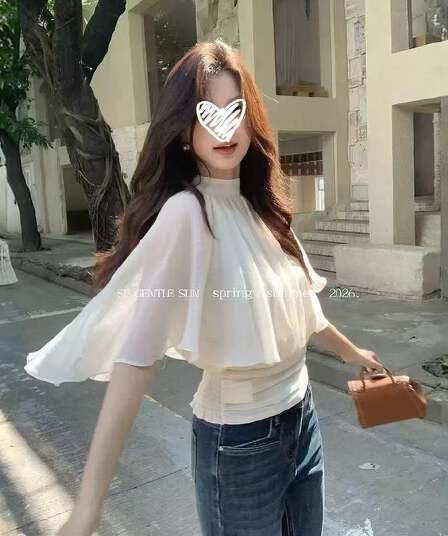 프랑스식 부드러운 바람 품격 라운드 넥 망토 시폰 셔츠 여성 배트윙 소매 작은 대중 외국 가스 허리 수축 슬림해 보이는 맨위 여름