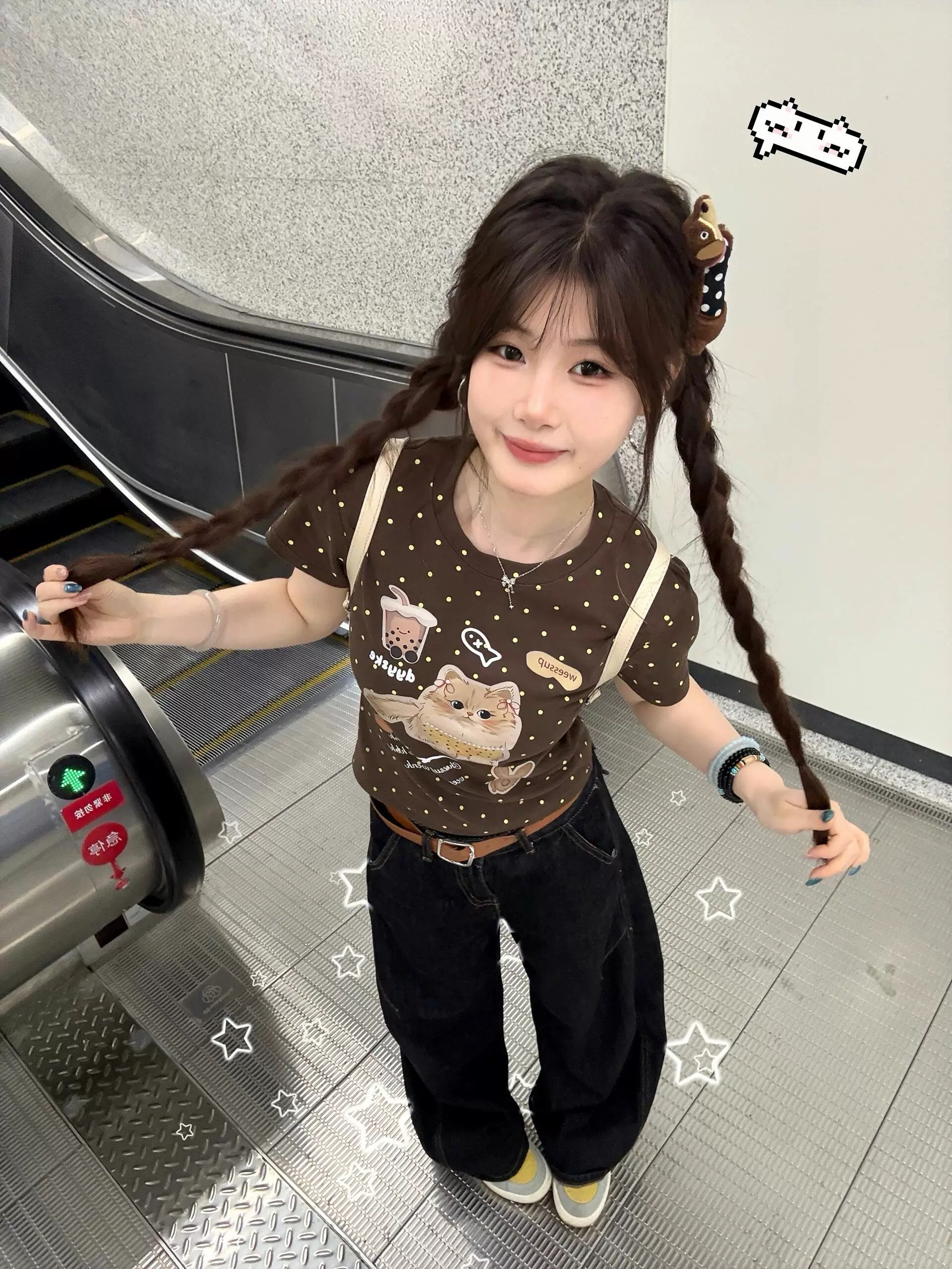 아메리칸 레트로 배색 도트 무늬 고양이 몸매 가꾸기 반팔 티셔츠 여성 여름 작은 키 디자인 센스 쇼트 스타일 맨위 ins