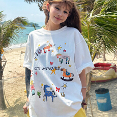 批发童趣少女风涂鸦印花短袖T恤女夏新款纯棉半袖上衣女宽松t