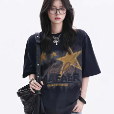 批发美式复古做旧扎染星星印花短袖女<b class='q'>嘻哈</b>风水洗运动<b class='q'>T</b><b class='q'>恤</b>