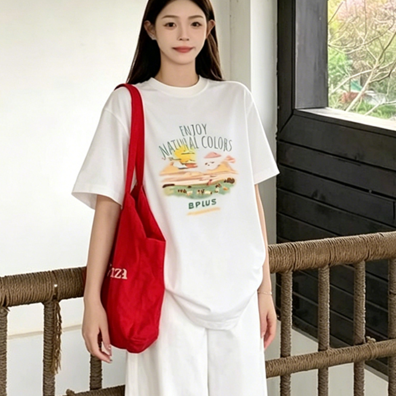 한 부서 귀여운 만화 프린트 화이트 반팔 티셔츠 여성 여름 느긋한 센스 다용도 맨위