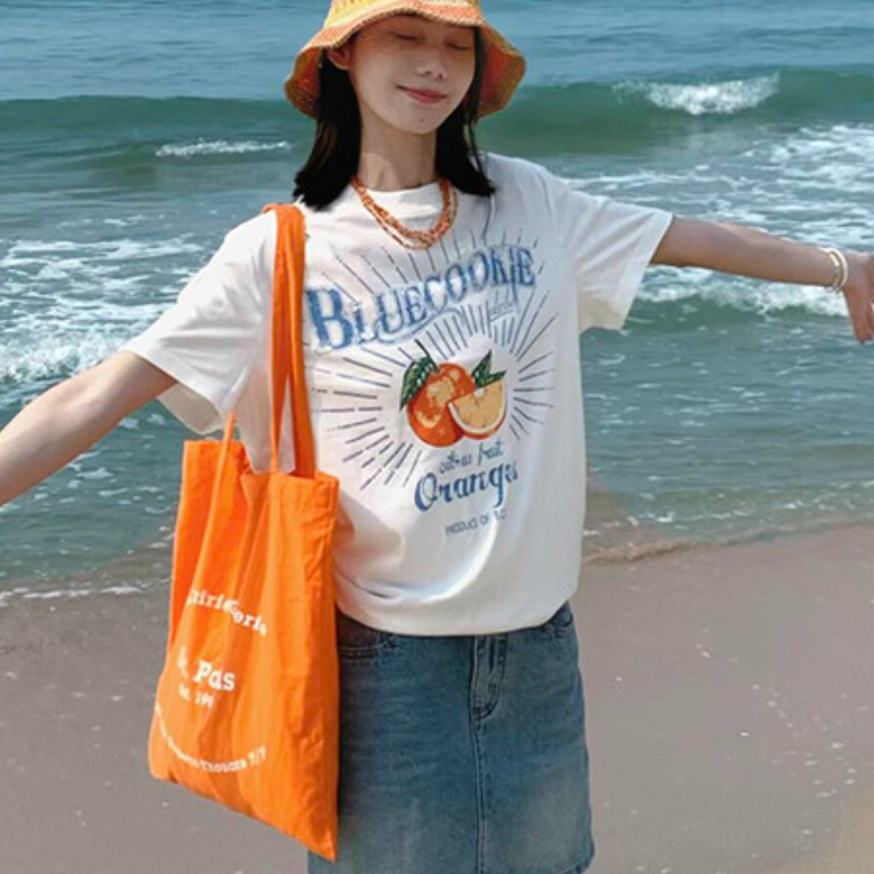 한 부서 달콤함 과일 프린트 라운드 넥 반팔 티셔츠 여성 여름 루즈핏 슬림해 보이는 캐주얼 다용도 디자인 센스 맨위