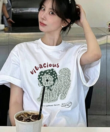 일본식 활력 연령 감소 머리띠 라인 개 알파벳 프린트 라운드 넥 반팔 티셔츠 여성 여름 순면 반소매 맨위
