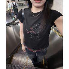 批发雪瑞纳犬印花<b class='q'>黑色</b>短袖正肩<b class='q'>T</b><b class='q'>恤</b>女夏季修身显瘦美式辣妹风圆领上衣
