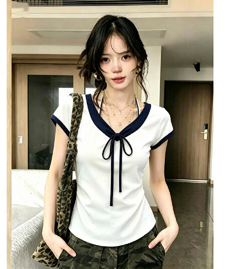 한 부서 부드러운 달콤한 스타일 나비 매듭 V넥 반팔 티셔츠 여성 여름 디자인 센스 핫걸 바람 긍정적 인 어깨 몸매 가꾸기 맨위