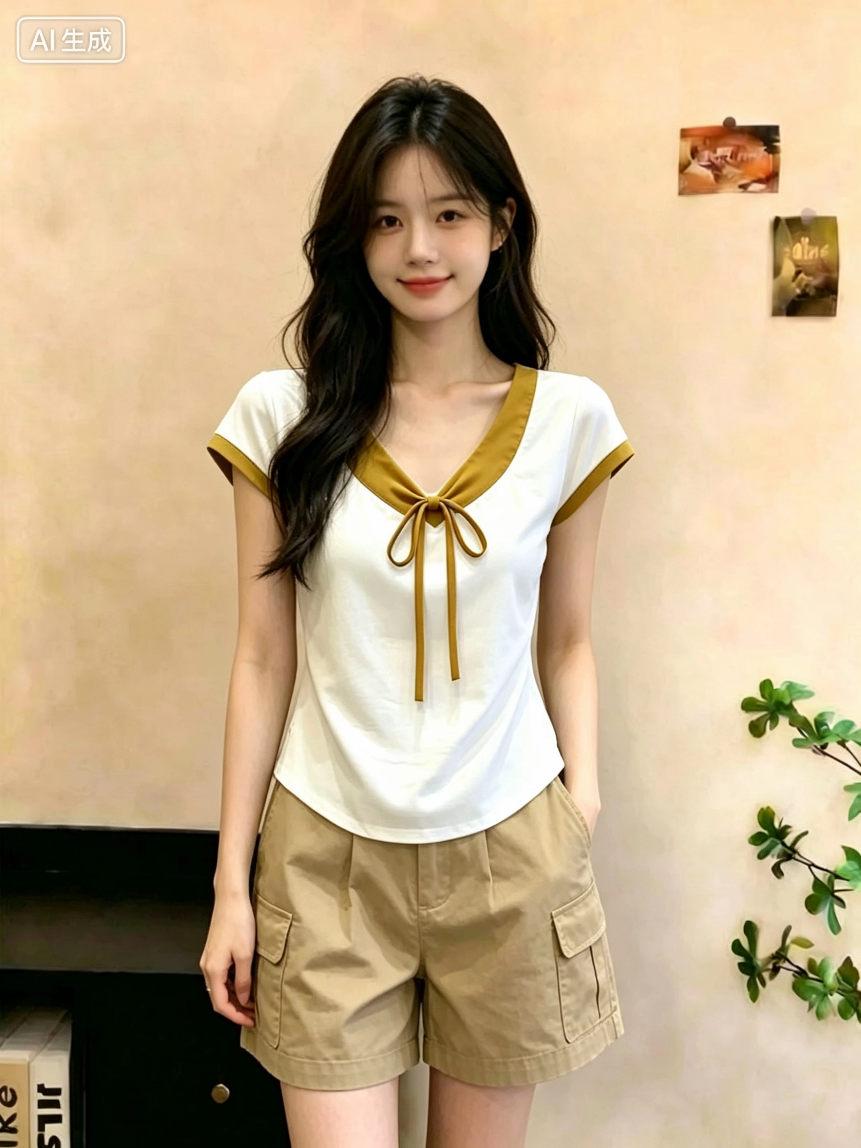 한 부서 나비 넥타이 배색 V넥 긍정적 인 어깨 반팔 티셔츠 여성 여름 몸매 가꾸기 고급 사소한 작은 맨위
