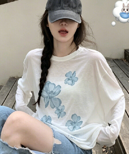 느긋한 프린트 라운드 넥 작은 셔츠 여성 여름 루즈핏 슬림해 보이는 한 부서 자외선 차단 블라우스 맨위