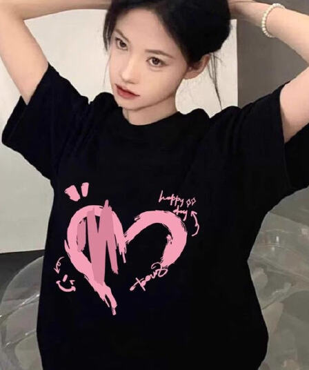 하트 검정색 긍정적 인 어깨 반팔 여성 티셔츠 여름 마이크로 지방 슬림해 보이는 무거운 순면 반소매 빅 사이즈 아메리칸 루즈핏 맨위