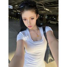 批发白色正肩u领短袖<b class='q'>t</b><b class='q'>恤</b>女2026夏季新款纯色百搭修身显瘦纯欲辣妹上衣
