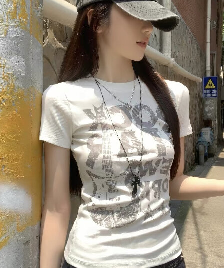 아메리칸 레트로 신분증 얼룩덜룩 한 마 오래된 프린트 반팔 티셔츠 여성 몸매 가꾸기 슬림해 보이는 핫걸 맨위