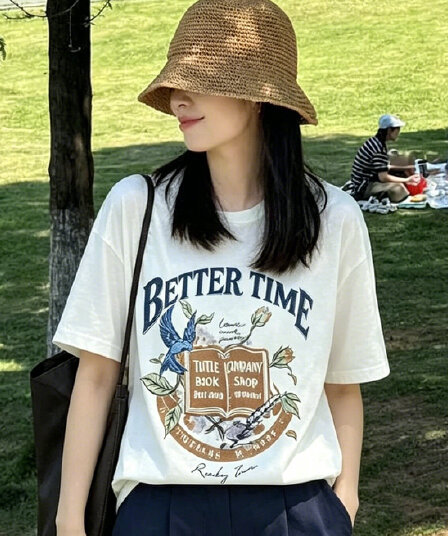 아메리칸 레트로 패턴 알파벳 프린트 반팔 티셔츠 여성 여름 디자인 센스 루즈핏 캐주얼 다용도 맨위