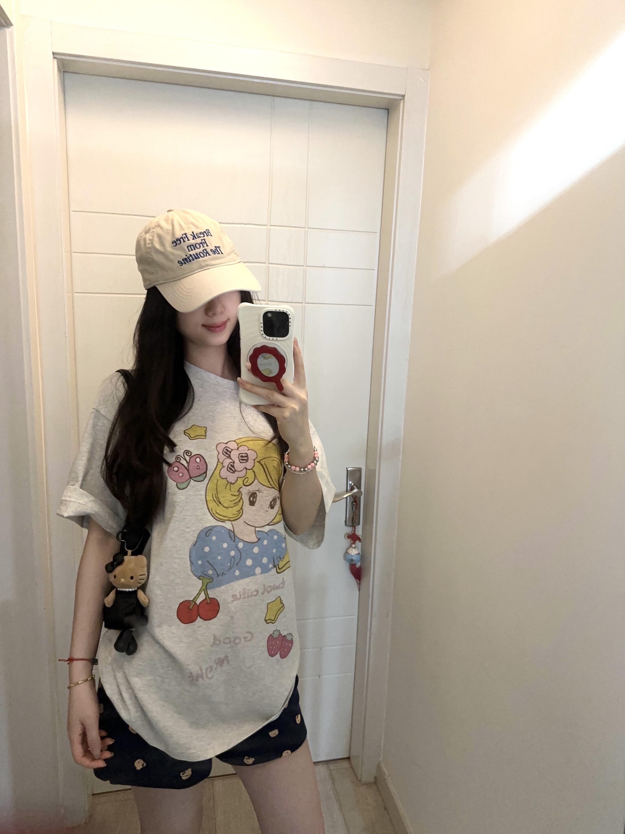 작은 대중 체리 소녀 만화 프린트 느긋한 캐주얼 루즈핏 순면 편안함 반팔 티셔츠 맨위 여성