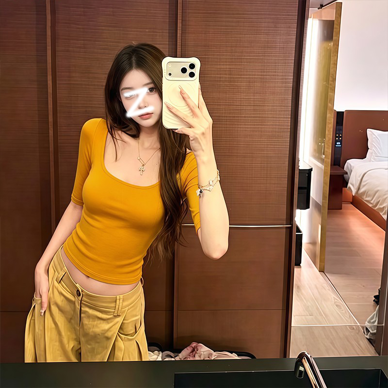 황색 u 칼라 반팔 긍정적 인 어깨 티셔츠 여성 여름 순수한 욕망 바람 타이트 허리 수축 맨위 섹시함 핫걸 중간 소매 작은 셔츠