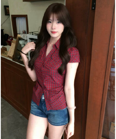 한 부서 레트로 빨간색 체크무늬 긍정적 인 어깨 반팔 여성 셔츠 꼬집기 허리 몸매 가꾸기 슬림해 보이는 다용도 맨위