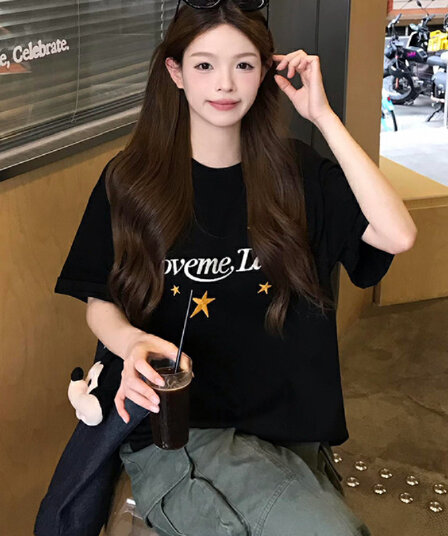 아메리칸 거리 별 알파벳 프린트 검정색 반팔 티셔츠 여성 여름 느슨함 센스 루즈핏 캐주얼 무거운 맨위