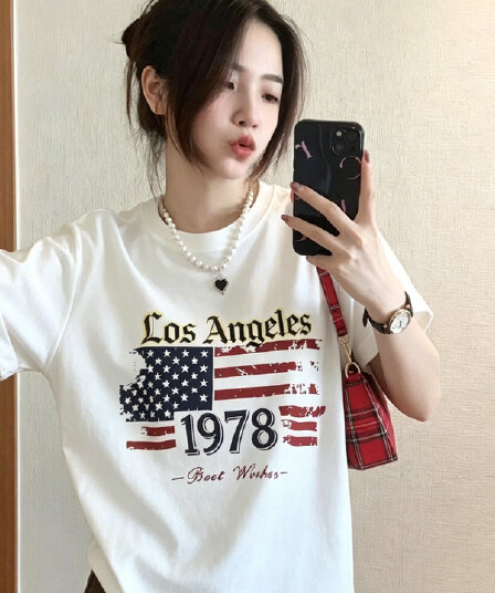 아메리칸 레트로 배너 알파벳 프린트 반팔 티셔츠 여성 여름 작은 대중 루즈핏 캐주얼 트렌드 맨위