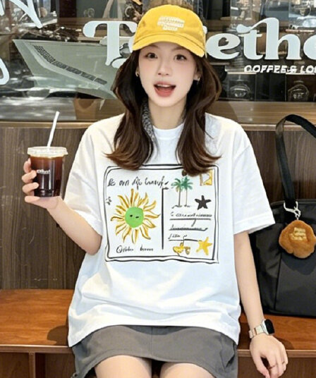아메리칸 재미있는 엽서 프린트 반팔 티셔츠 여성 여름 작은 대중 루즈핏 캐주얼 학생 다용도 맨위