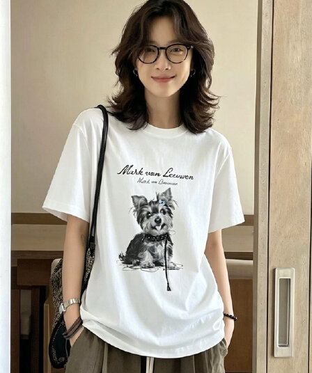 한 스타일 미니멀리즘 강아지 알파벳 프린트 반팔 티셔츠 여성 여름 새로운 루즈핏 캐주얼 다용도 맨위