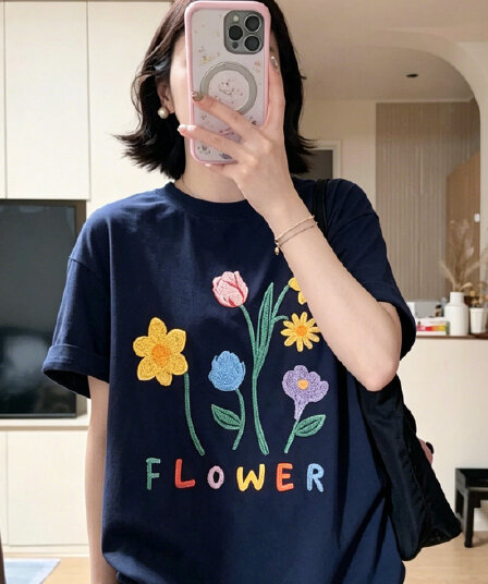 한 부서 재미있는 낙서 작은 꽃 알파벳 프린트 반팔 티셔츠 여성 여름 루즈핏 학생 반소매 맨위