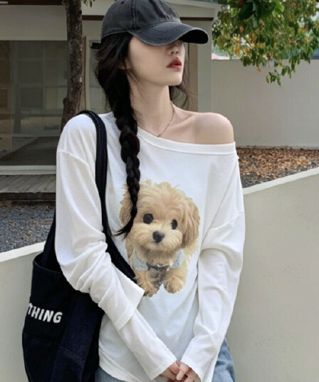 한 부서 귀여운 강아지 프린트 비스듬한 어깨 긴팔 티셔츠 여성 여름 루즈핏 캐주얼 다용도 자외선 차단 블라우스