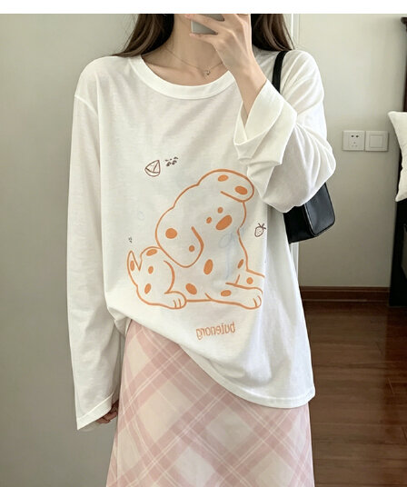 한 부서 느긋한 스팟 강아지 알파벳 프린트 긴팔 얇은 스타일 루즈핏 티셔츠 여성 여름 자외선 차단 블라우스 에어컨 셔츠