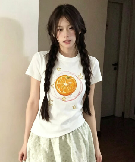 아메리칸 긍정적 인 어깨 주황색 프린트 반팔 티셔츠 여성 화이트 라운드 넥 몸매 가꾸기 슬림해 보이는 다용도 작은 키 착용 잡아라. 의류