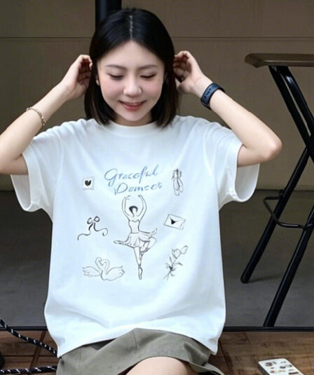 한 부서 발레 댄서 알파벳 프린트 반팔 티셔츠 여성 여름 디자인 센스 루즈핏 캐주얼 다용도 맨위